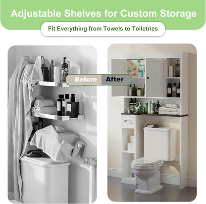 Over the Toilet Storage Cabinet with 7 Shelves, Imitation Walnut Grain above Toilet Bathroom Organizer with Toilet Paper Holder Stand, Space Saver for Restroom, Bathroom, Laundry (White)