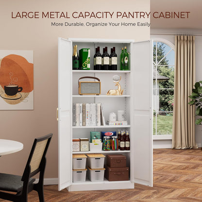 71" Tall Metal Pantry Cabinet, White Kitchen Pantry Storage Cabinet with 4 Adjustable Shelves and Gold Handles, Cupboard for Kitchen, Dining Room, Living Room, Bathroom