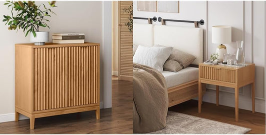 Jasper Mid-Century Modern Storage Cabinet and Matching End Table, Warm Pine and Natural Brown