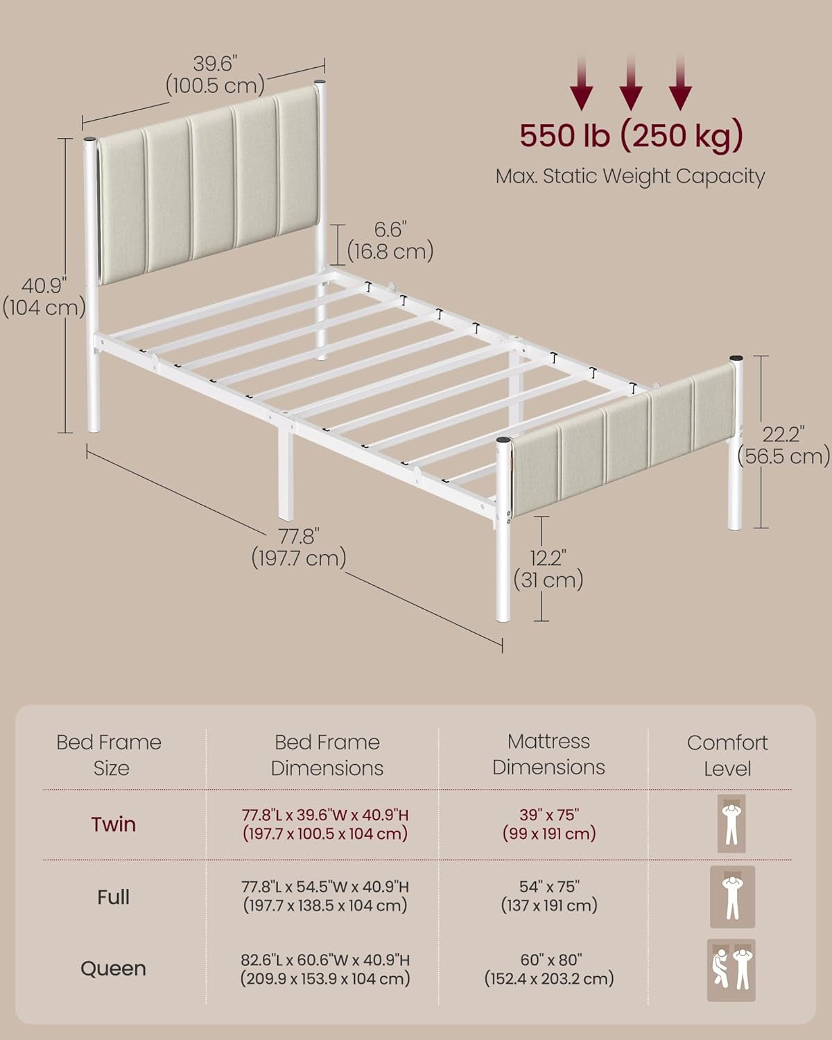 Twin Bed Frame with Upholstered Headboard, Metal Bed Frame Twin Size with Footboard, 550 Lb Weight Capacity, Steel Slats, Easy Assembly, No Box Spring Needed, Cappuccino Beige URMB983W01V1