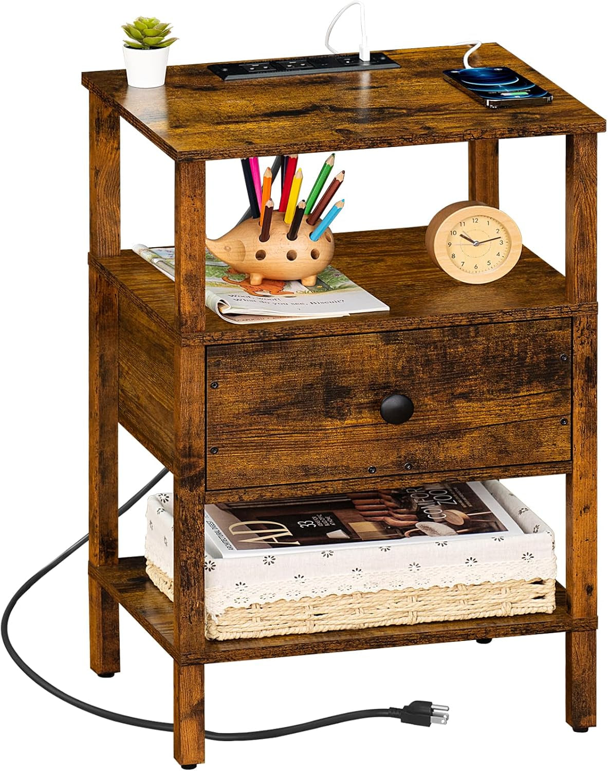 Nightstand with Charging Station and USB Ports, 3-Tier Storage End Table with Drawer Shelf, Night Stand for Small Spaces, Wood Bedside Table for Living Room, Bedroom - Retro Brown…