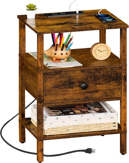 Nightstand with Charging Station and USB Ports, 3-Tier Storage End Table with Drawer Shelf, Night Stand for Small Spaces, Wood Bedside Table for Living Room, Bedroom - Retro Brown…