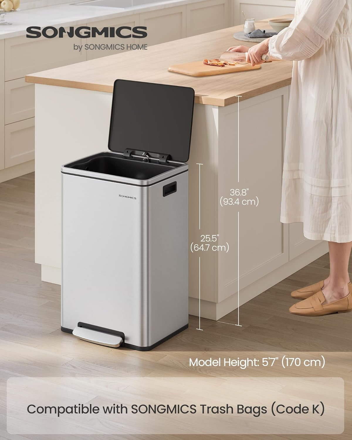 Trash Can, 13-Gallon Gabbage Can, with 15 Trash Bags, Stainless Steel, with Soft-Close Lid, Removable Inner Bucket, Handles, Silver ULTB595E01
