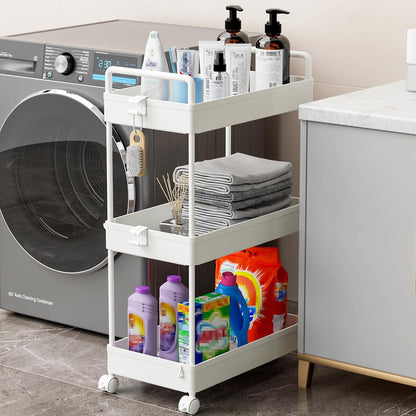 3 Tier Slim Rolling Storage Cart with Wheels Plastic Utility Cart Organizer for Snack Craft Art Postpartum Baby Diaper Nail Makeup in Bathroom Laundry Room Kitchen Bedside Narrow Space, White