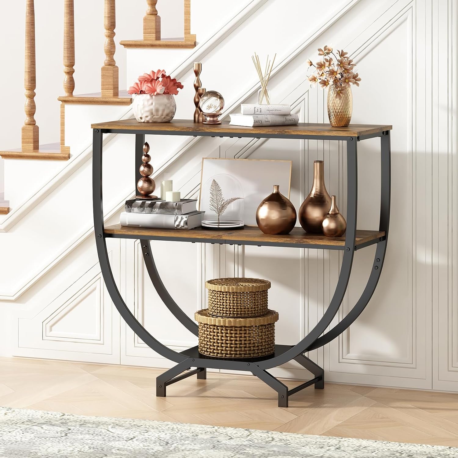 3 Tier Console Tables, 30" Height Entryway Table, Sofa Table behind Couch, Industrial Entryway Furniture Entry Way TV Stand with Storage for Living Room, Hallway, Entrance, Rustic Brown