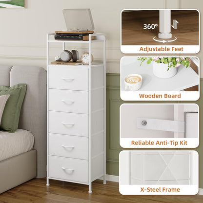White Tall Night Stand for Bedroom,Tall 5 Drawers Dresser, Vertical Storage Tower Unit, Nightstand Furniture with Fabric Drawer Organizer in Bedside Kids Dorm Room Closet Laundry Entryway