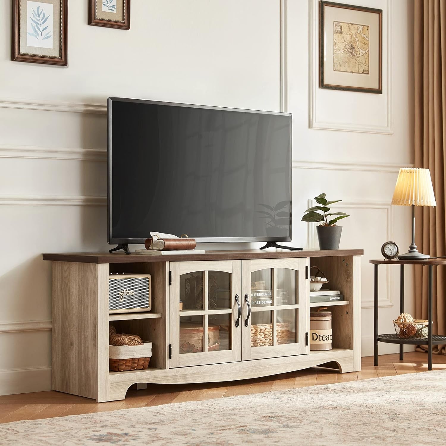 Living Room Table Sets 4 Piece with TV Stand, Farmhouse TV Stand for 65 Inch TV, Coffee Table with Drawers, Two End Table with Charging Station, Washed Gray