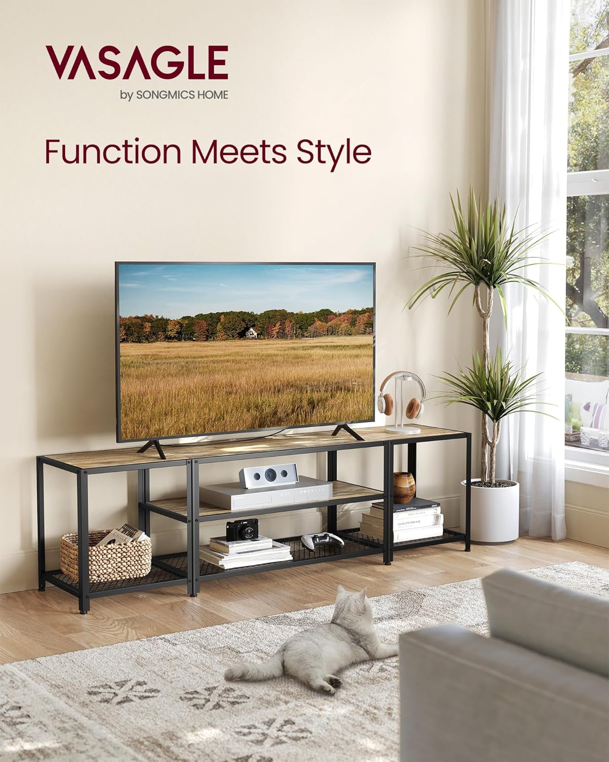 Modern TV Stand for Tvs up to 65 Inches, 3-Tier Entertainment Center, Industrial TV Console Table with Open Storage Shelves, for Living Room, Bedroom, Rustic Brown and Black ULTV097B01