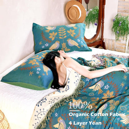 100% Organic Washed Cotton King Boho Pillowcases for Skin-Friendly Set of 2-1000 Thread Thick Count, Bird Pattern Pillow Shams Cover, Soft Breathable Pillow Cases,20X36 Inches-Teal