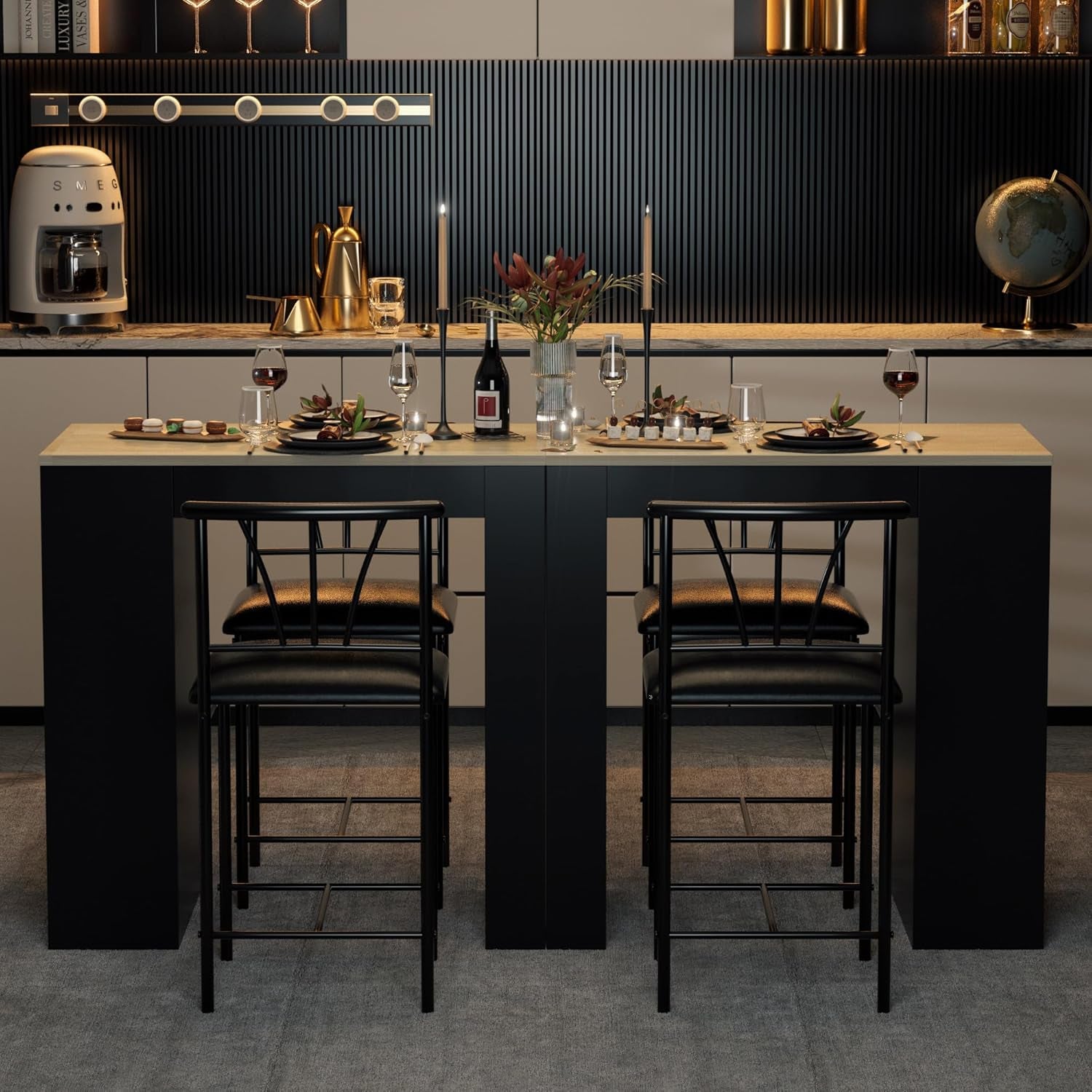 Small Bar Table and Chairs Tall Kitchen Breakfast Nook with Stools/Dining Set for 2, Storage Shelves, Space-Saving, Gray