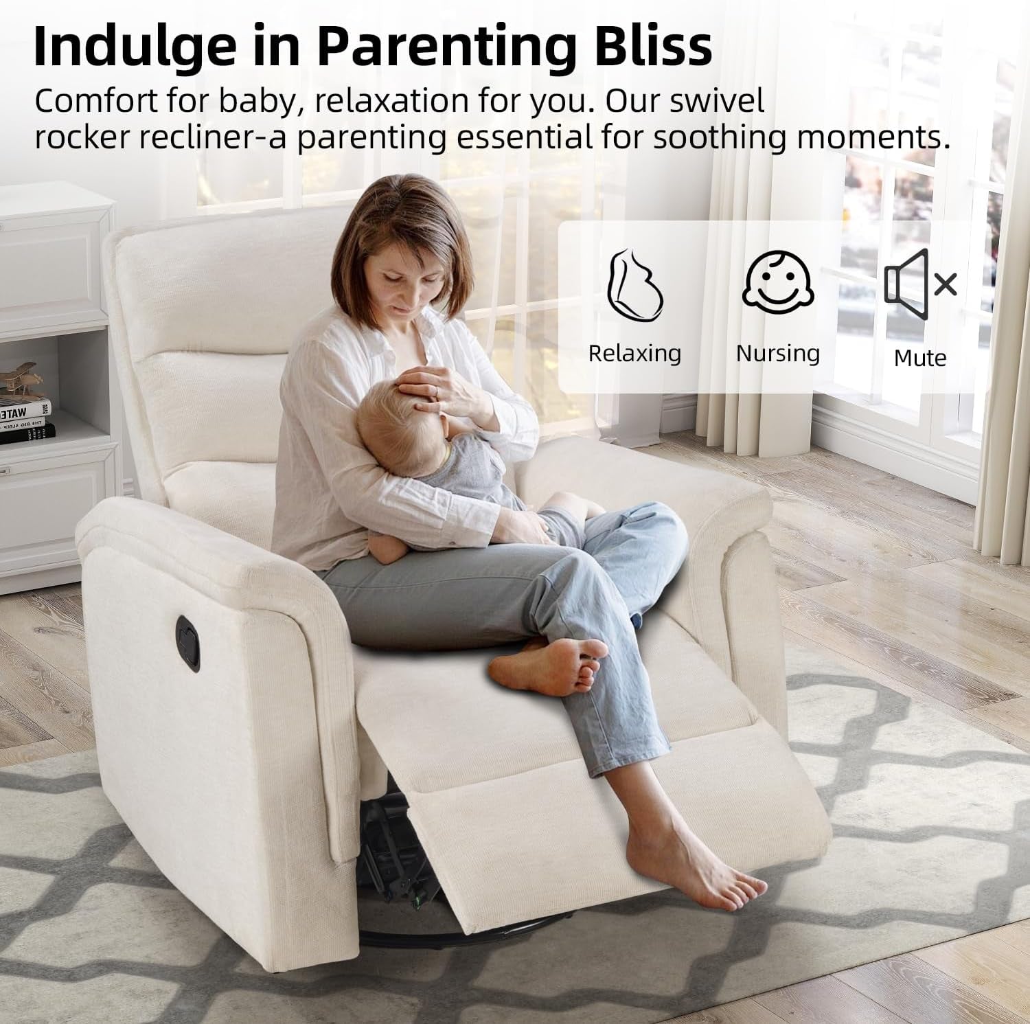 Swivel Rocker Recliner, Nursery Glider Chair, Manual Chairs Swivel Glider Recliners with Soft Backrest, Fabric Manual Reclining Sofa for Living Room Bedroom Apartment, Beige