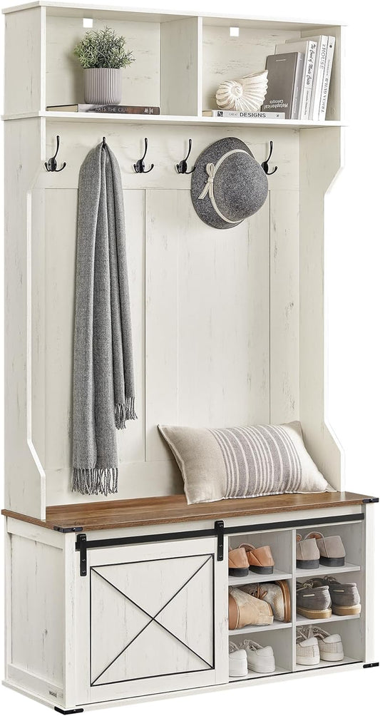 Hall Tree with Bench and Shoe Storage, Coat Rack with Shoe Bench, Entryway Furniture, 6 Tri-Hooks, Sliding Door, Farmfouse Style, Space Saving, Rustic White and Honey Brown UHSR442W01