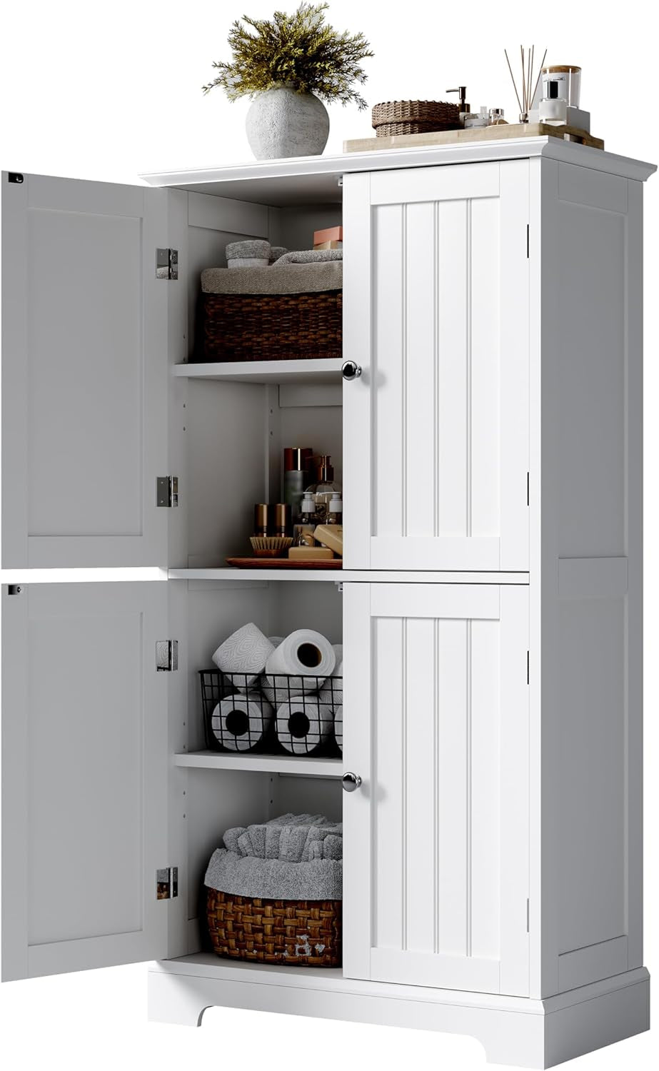 Bathroom Floor Cabinet, Modern Bathroom Storage Cabinet with 4 Doors and Adjustable Shelves, Freestanding Cupboard for Living Room, White