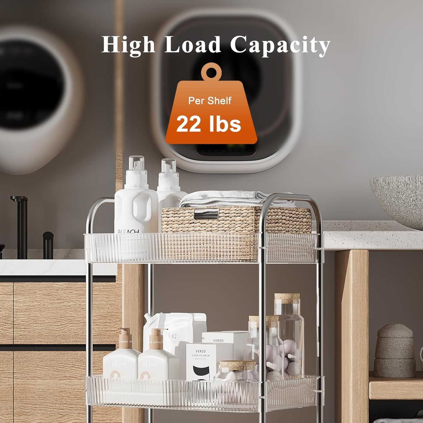 3 Tier Rolling Cart with Lockable Wheels, Clear Acrylic Utility Trolley with Handle, Heavy-Duty Storage Organizer for Kitchen Bathroom Nursery Laundry - Snack Book Craft Organizer (Clear)