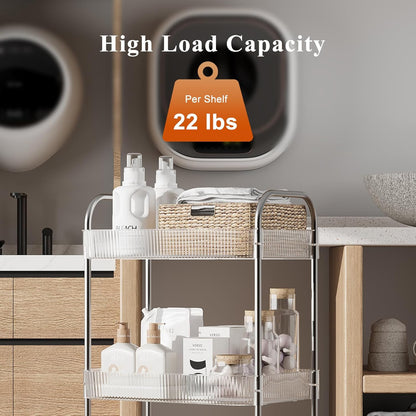 3 Tier Rolling Cart with Lockable Wheels, Clear Acrylic Utility Trolley with Handle, Heavy-Duty Storage Organizer for Kitchen Bathroom Nursery Laundry - Snack Book Craft Organizer (Clear)