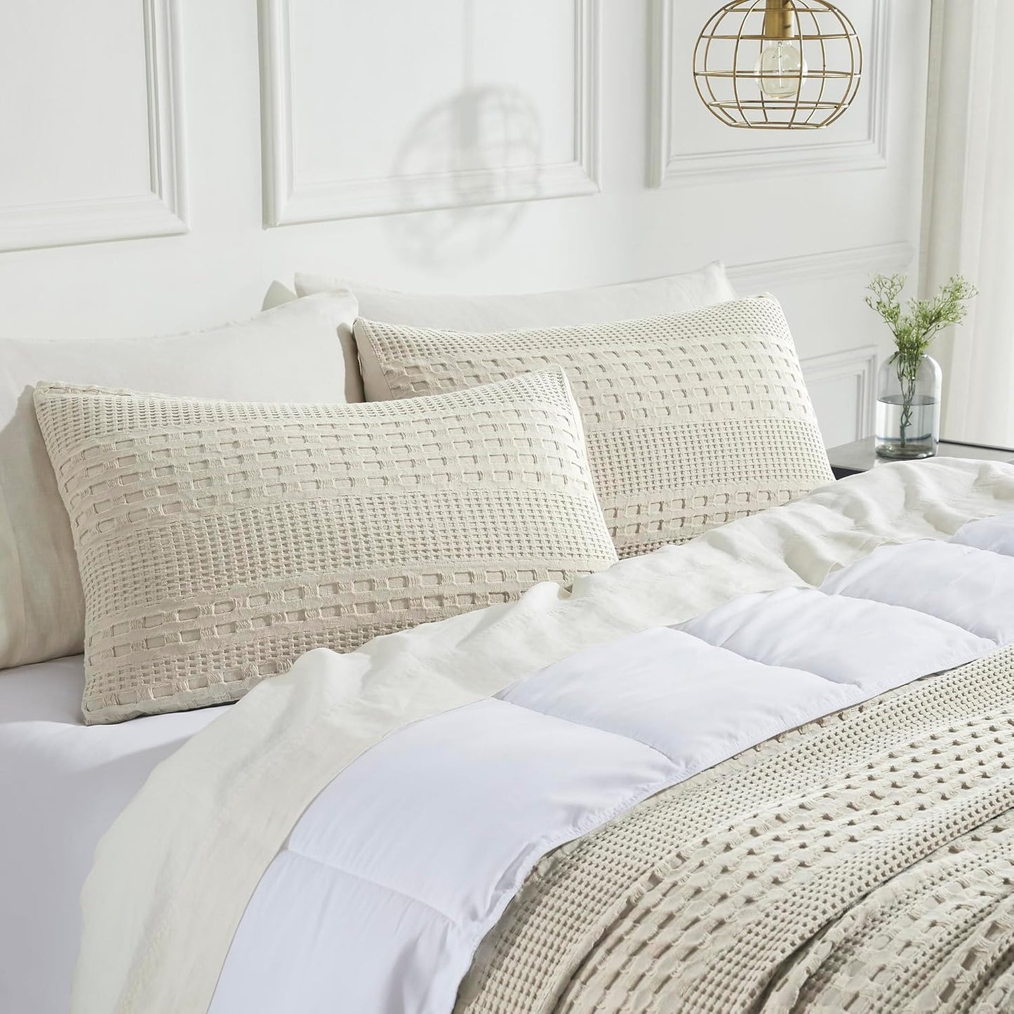100% Cotton Waffle Weave Natural King Size Sham Set of 2 20X36, Decorative Throw Pillow Covers/Shams, Boho Farmhouse Bedroom Decor