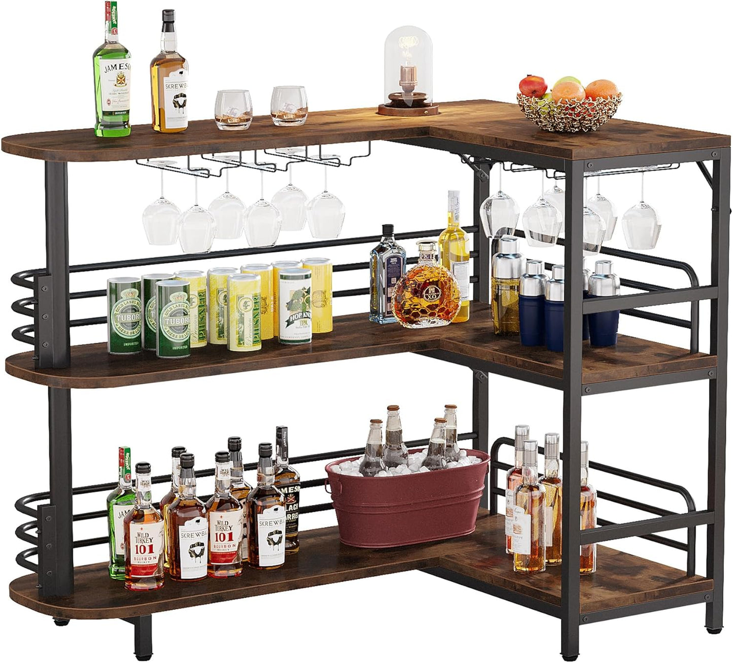 L-Shaped Home Bar Unit, 3 Tier Liquor Table with Storage Shelves and Wine Glasses Holder, Industrial Corner Wine Cabinet Mini Bar for Home Kitchen Pub, Rustic Brown
