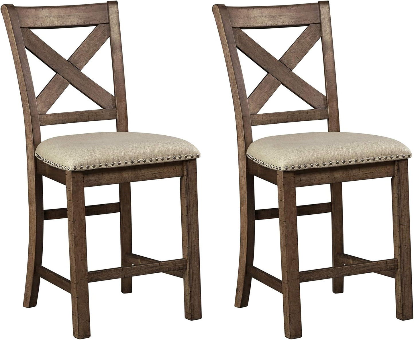 Moriville Rustic Farmhouse 24.5" Upholstered Barstool, 2 Count, Beige & Brown