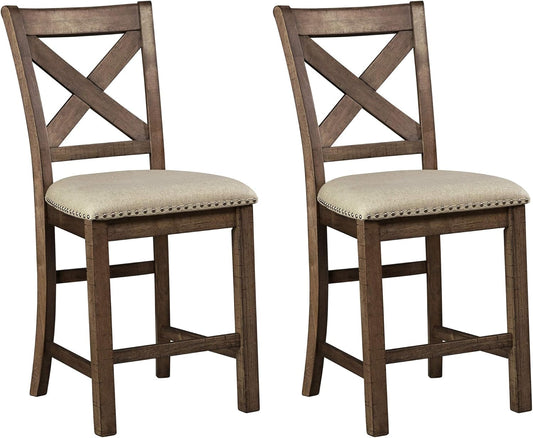 Moriville Rustic Farmhouse 24.5" Upholstered Barstool, 2 Count, Beige & Brown