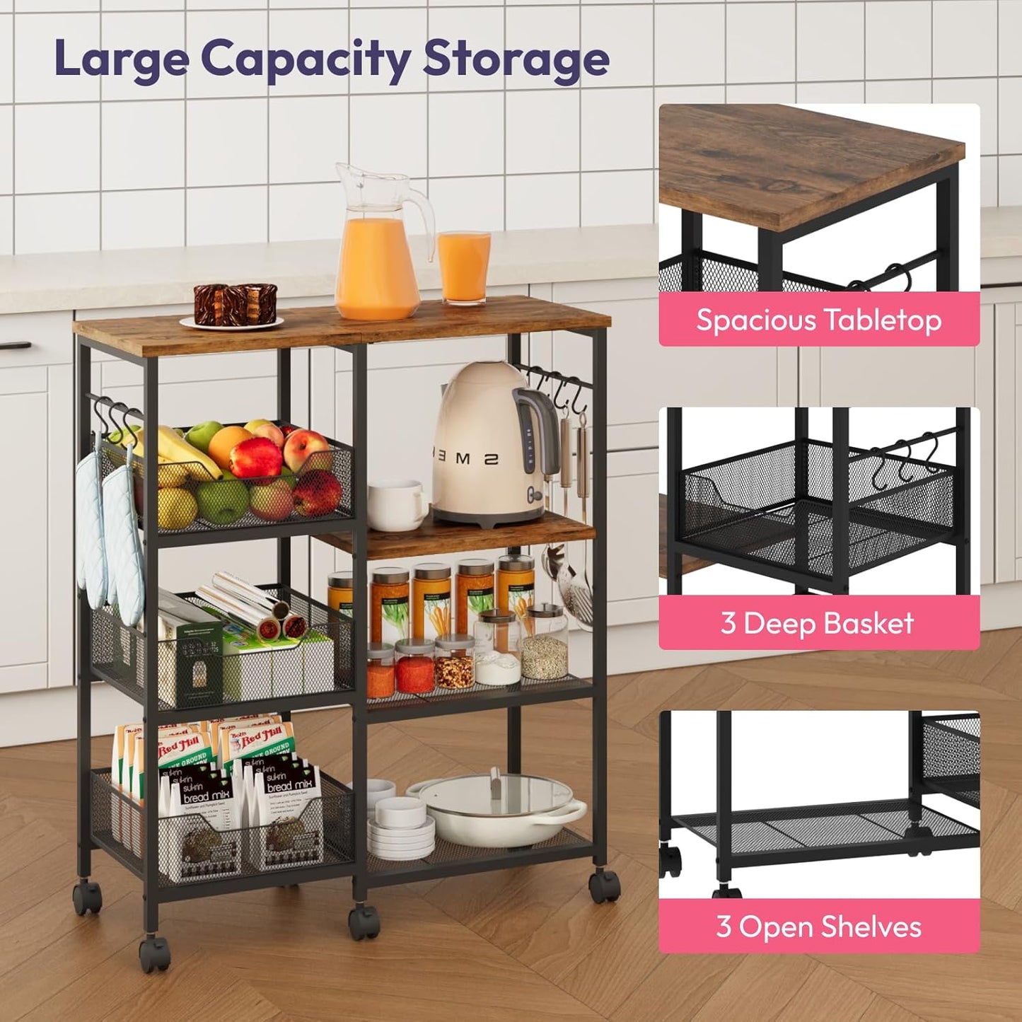 Kitchen Island Cart on Wheels - 4 Tier Rolling Kitchen Table Cart with Storage Shelves, 6 Removable Hooks& Locking Casters, Coffee Bar Cabinet for Dining Room Pantry Office, Espresso