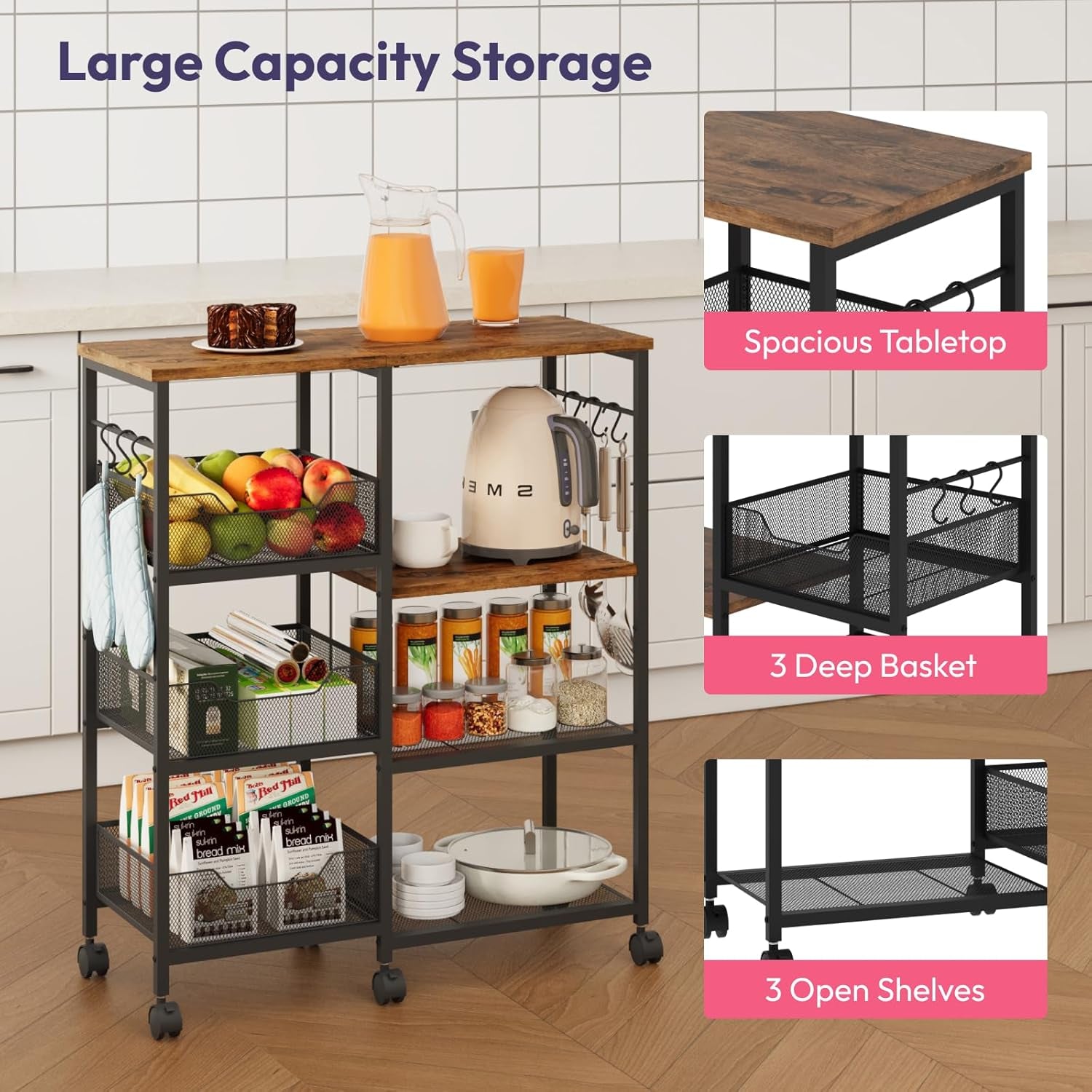 Kitchen Island Cart on Wheels - 4 Tier Rolling Kitchen Table Cart with Storage Shelves, 6 Removable Hooks& Locking Casters, Coffee Bar Cabinet for Dining Room Pantry Office, Espresso