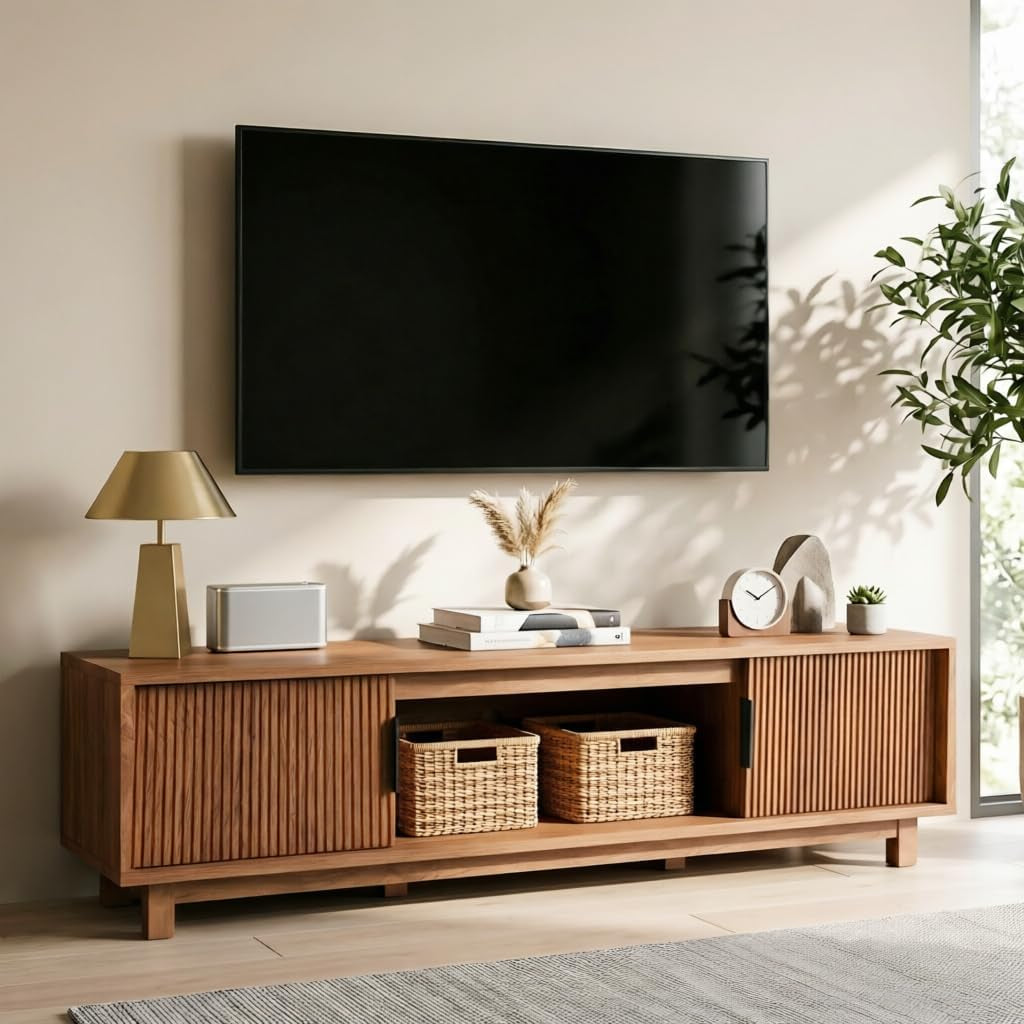 Fluted TV Stands for Living Room, 70" Mid Century Modern Entertainment Center with Storage, Brown Walnut TV Console for 65/75/80 Inch TV, Wood Television Media Cabinet for Bedroom
