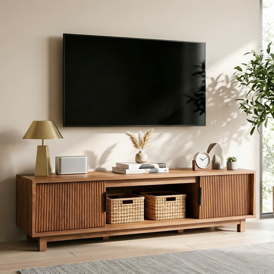 Fluted TV Stands for Living Room, 70" Mid Century Modern Entertainment Center with Storage, Brown Walnut TV Console for 65/75/80 Inch TV, Wood Television Media Cabinet for Bedroom
