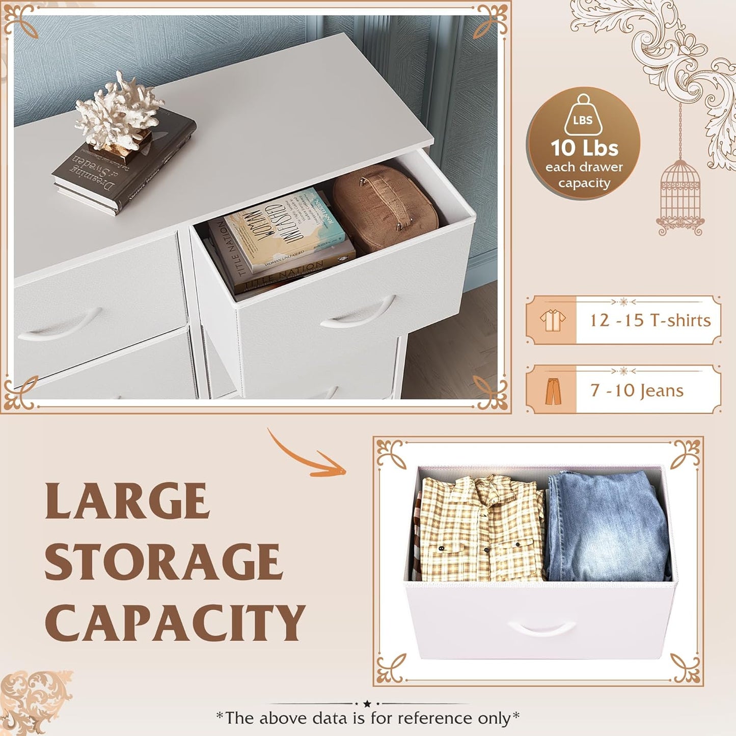 White Dresser for Bedroom, 6 Drawer Double Dresser, Fabric Storage Tower with Fabric Bins, Chest of Drawers for Closet, Living Room, Hallway
