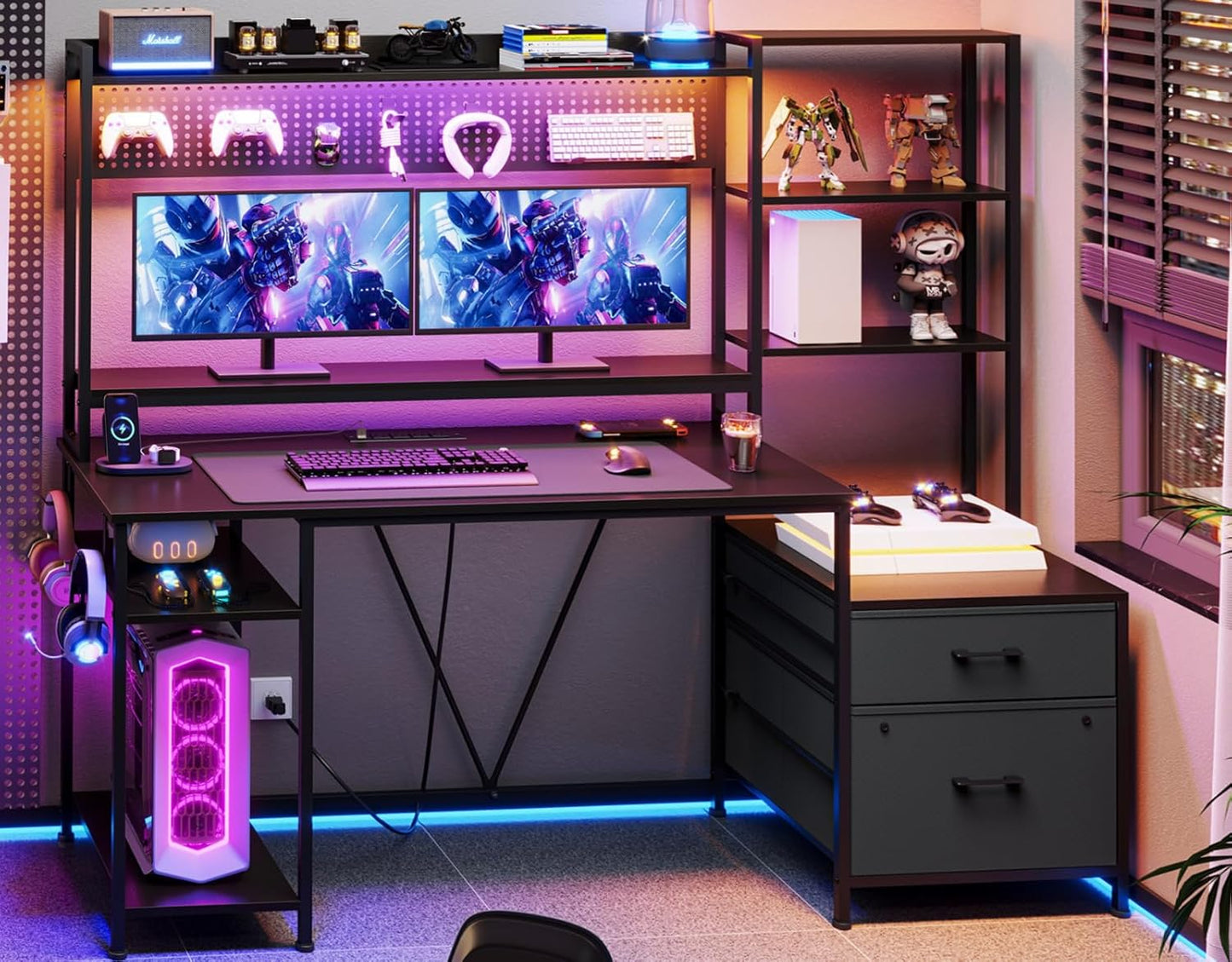 Gaming Desk with Hutch, 65In Reversible Computer Desk with Power Outlets LED Light, Home Office Desk with Monitor Stand 2 Drawers 4 Storage Shelves Pegboard 8 Hooks Mouse Pad (Black)