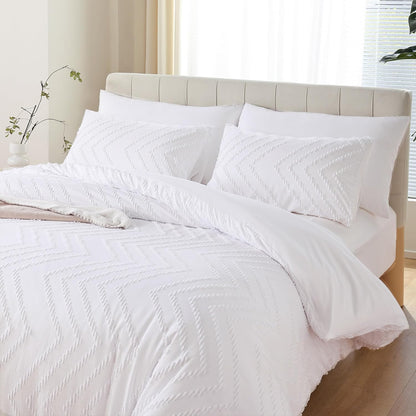 White Comforter Queen Size 3Pcs, Boho Chevron Queen White Farmhouse Bedding Sets, Vertical Tufted Lightweight Neutral Boho Bed Set (1 Comforter, 2 Pillowcases)