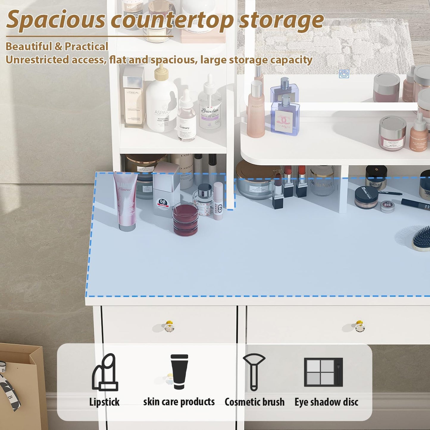 Vanity Set with Rectangular Mirror, Makeup Vanity Dressing Table with 5 Drawers, Shelves, Dresser Desk and Cushioned Stool Set (B White/Lighted Mirror)