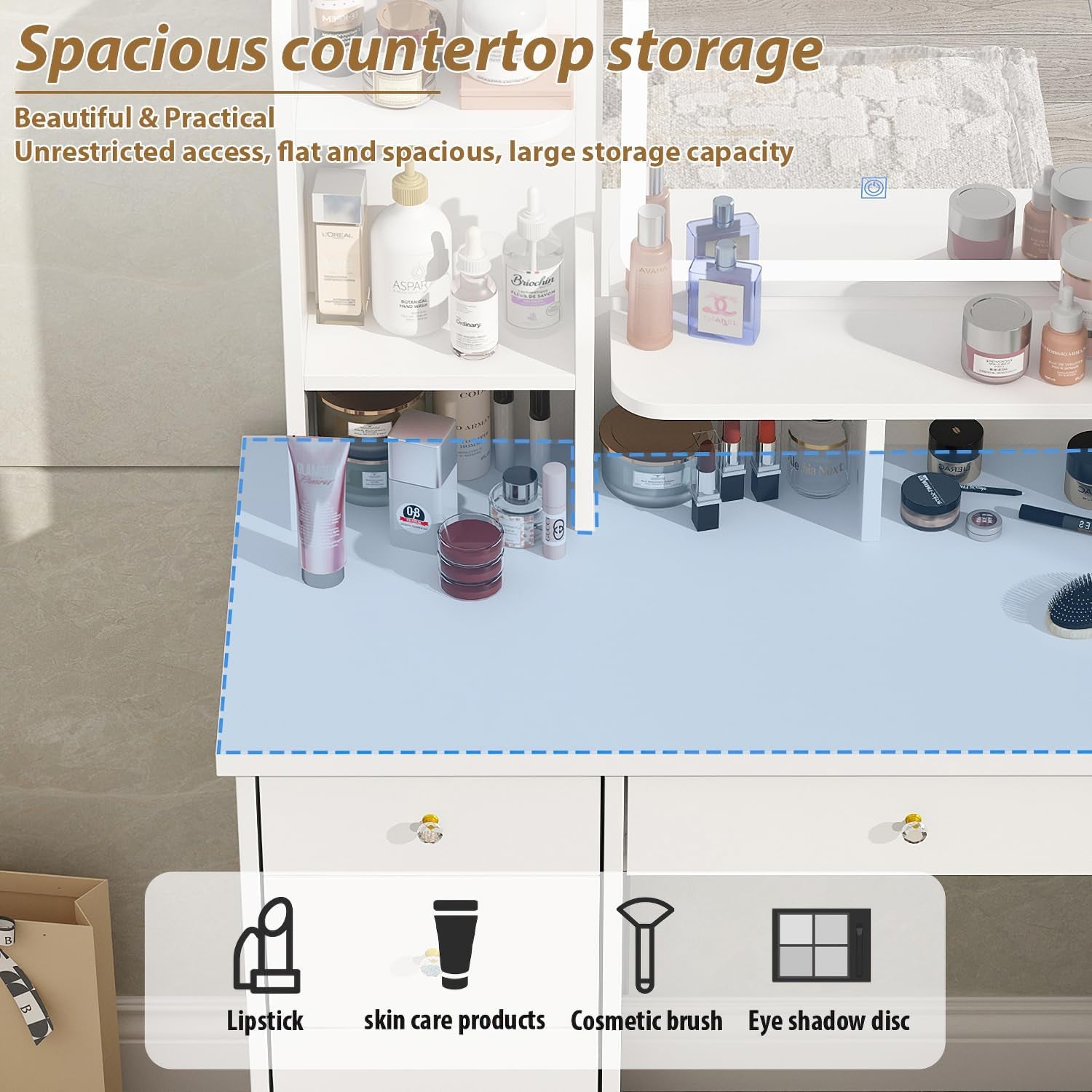 Vanity Set with Rectangular Mirror, Makeup Vanity Dressing Table with 5 Drawers, Shelves, Dresser Desk and Cushioned Stool Set (B White/Lighted Mirror)