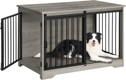 31.9" Dog Crate Furniture with Barn Door, Heavy Duty Dog Kennel Indoor with 2 Doors, Wooden Pet Cage End Table for Small Medium Dogs up to 44 Lb, Anti-Chew Anti-Escape, Greige DFC83605B