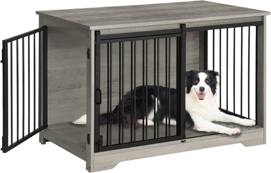 31.9" Dog Crate Furniture with Barn Door, Heavy Duty Dog Kennel Indoor with 2 Doors, Wooden Pet Cage End Table for Small Medium Dogs up to 44 Lb, Anti-Chew Anti-Escape, Greige DFC83605B