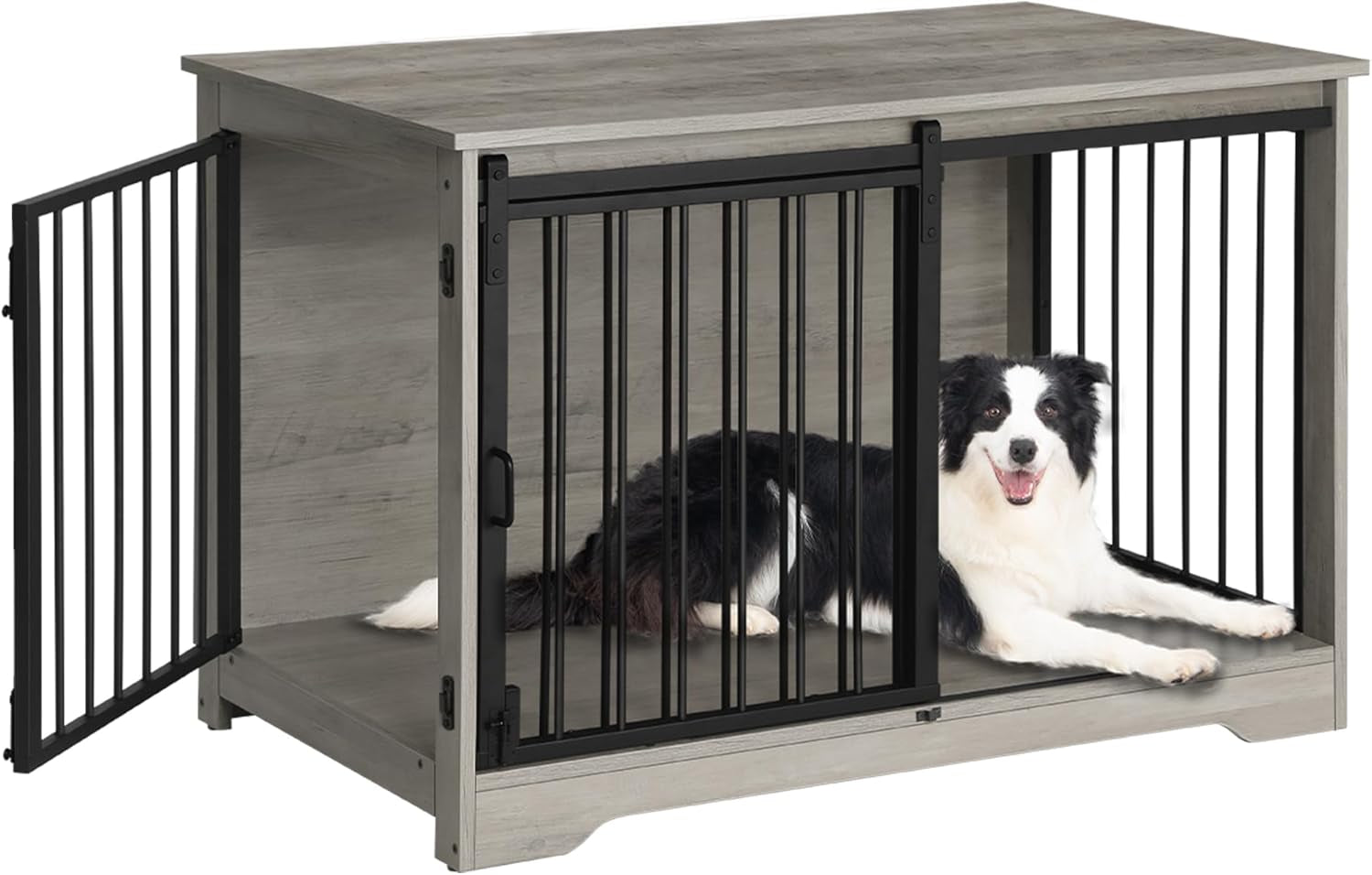 39.3" Dog Crate Furniture with Barn Door, Heavy Duty Dog Kennel Indoor with 2 Doors, Wooden Pet Cage End Table for Large Small Medium Dogs, Anti-Chew Anti-Escape, Black DFC02304B
