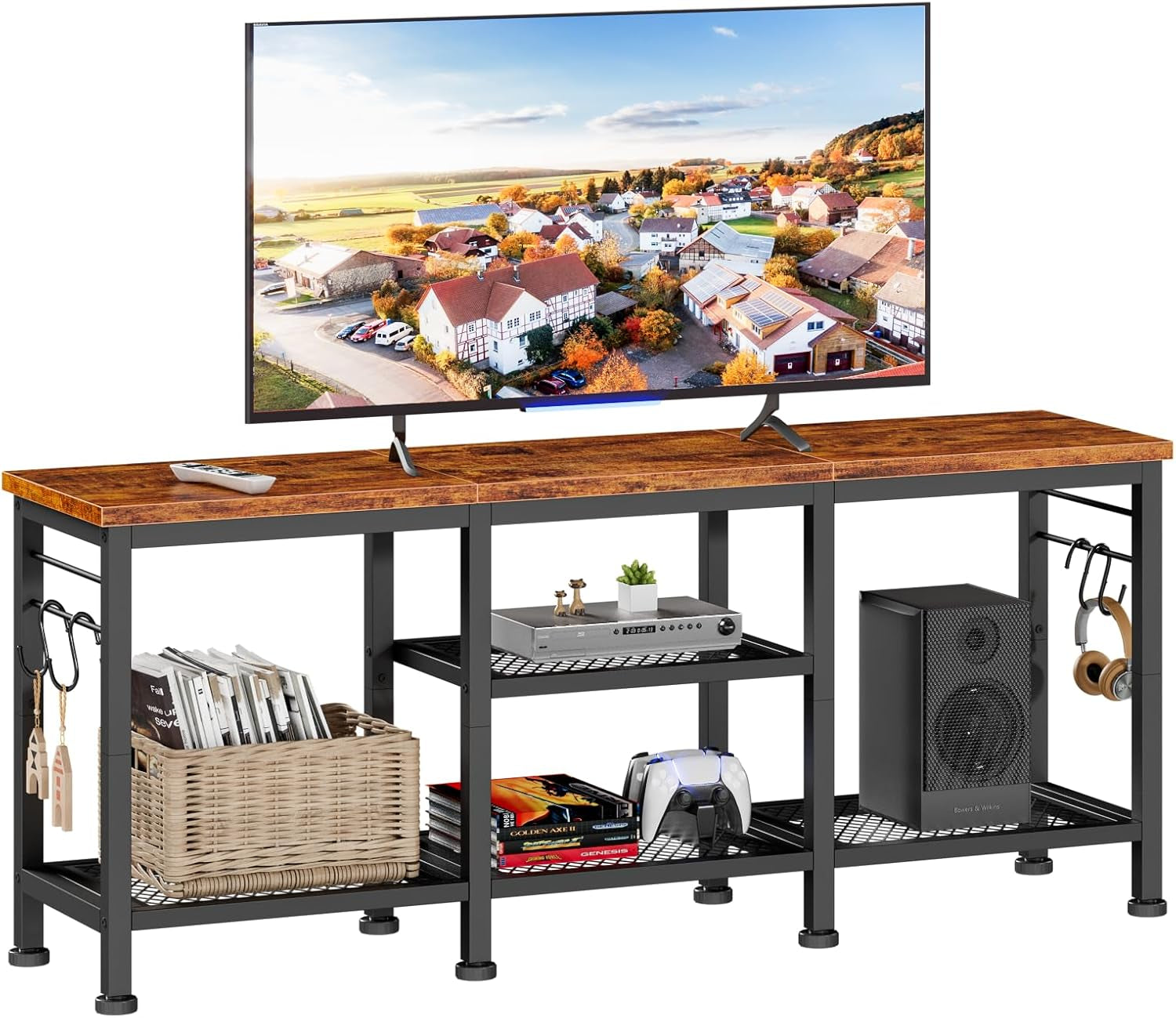 TV Stand for Tvs up to 55 Inch, Entertainment Center with Open Storage Shelves, Media Console Table with Soundbar Shelf for Living Room, Bedroom, Rustic Brown