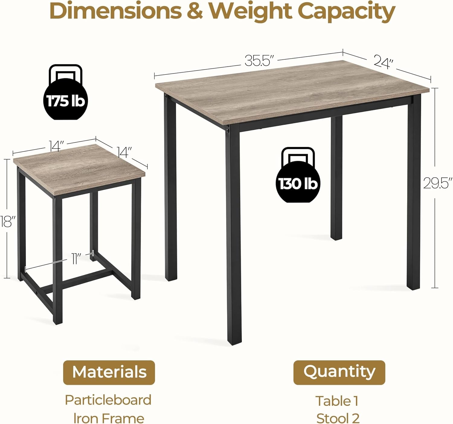 3 Piece Dining Table Set - Kitchen Table & Chair Sets for 2 - Compact Table W/ 2 Stools & Space Saving Design for Dining Room Living Room Kitchen, Gray