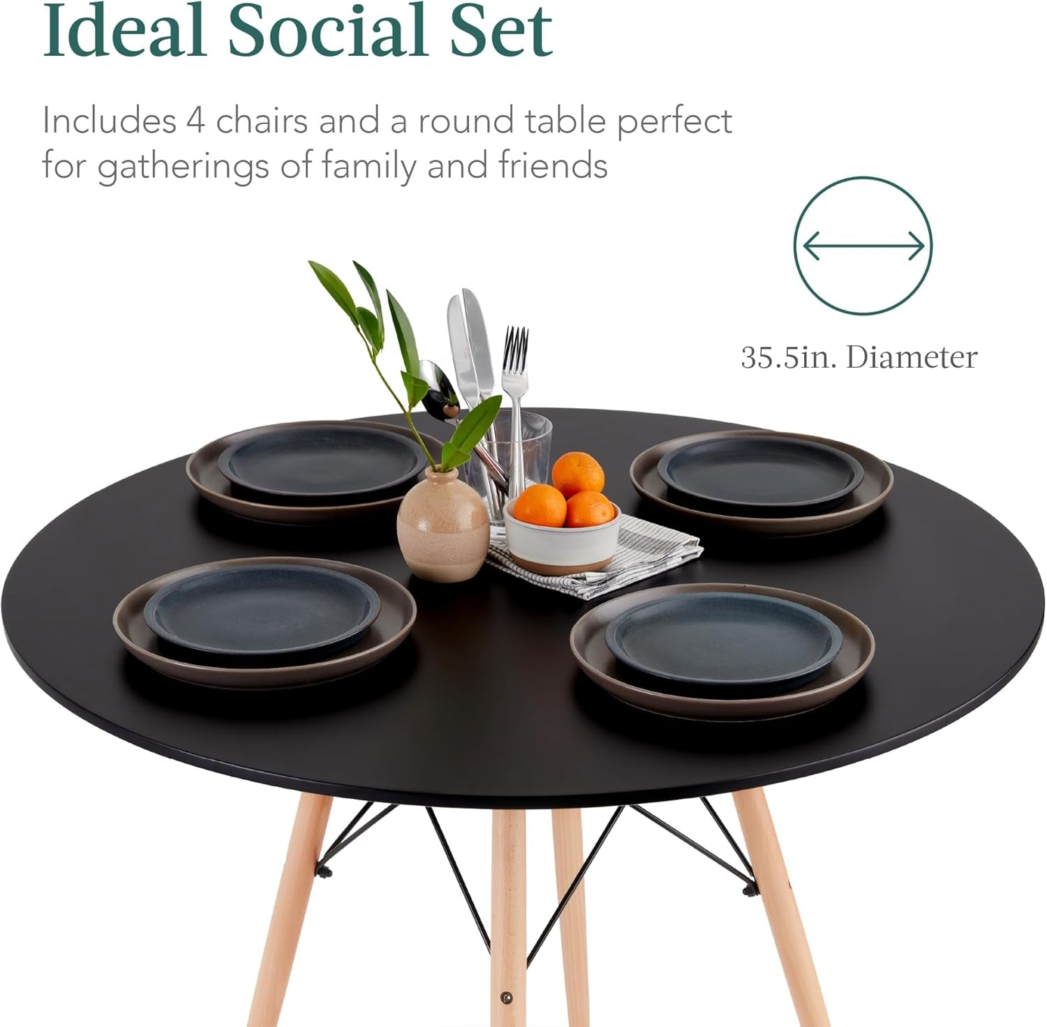 5-Piece Dining Set, Compact Mid-Century Modern Table & Chair Set for Home, Apartment W/ 4 Chairs, Plastic Seats, Wooden Legs, Metal Frame - Black/Oak