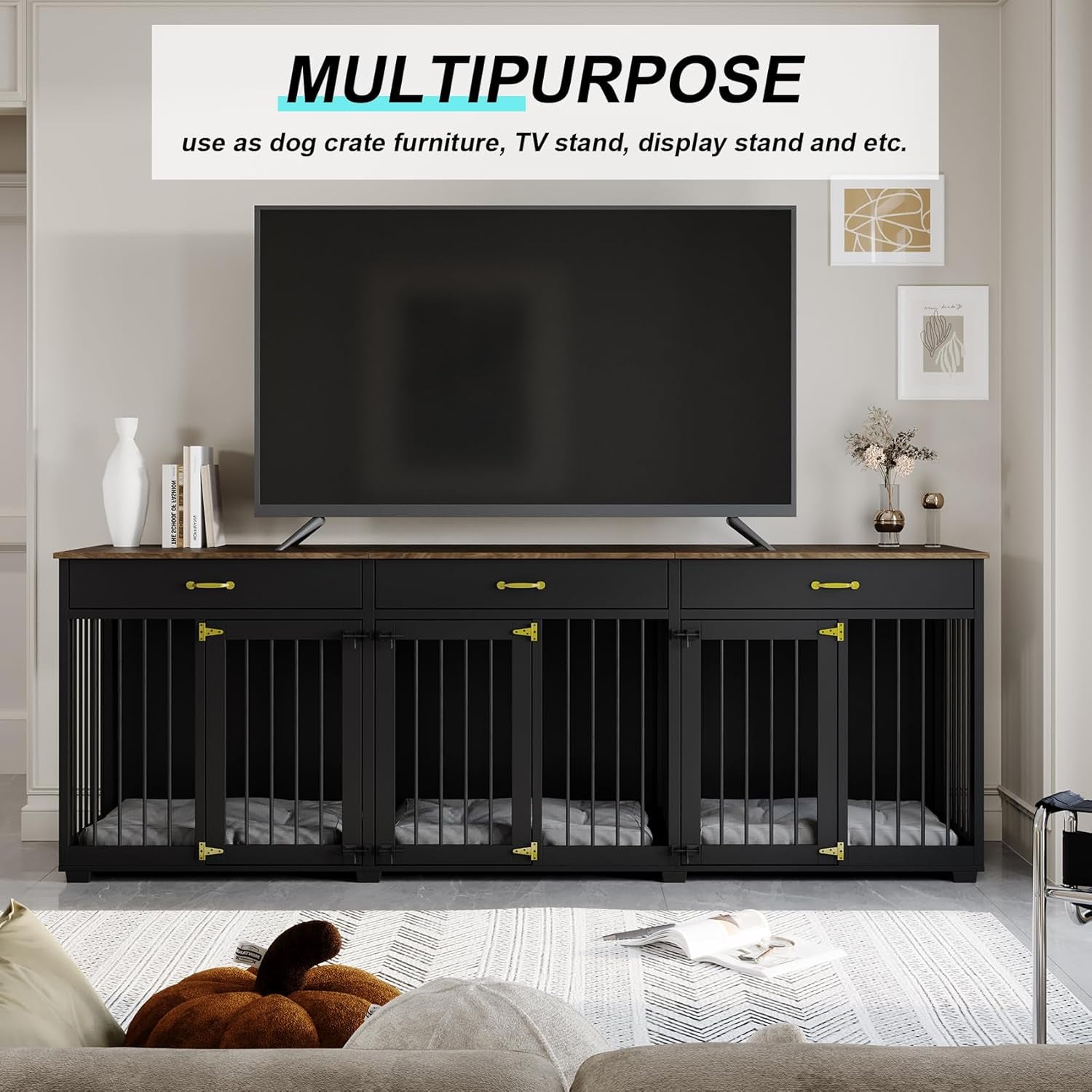 Dog Crate Furniture - Indoor Wooden Dog Furniture Crate Kennel with 3 Sliding Barn Doors, 2 Drawers & 1 Shelf - 95" Lx23.6 Wx31.5 H, White