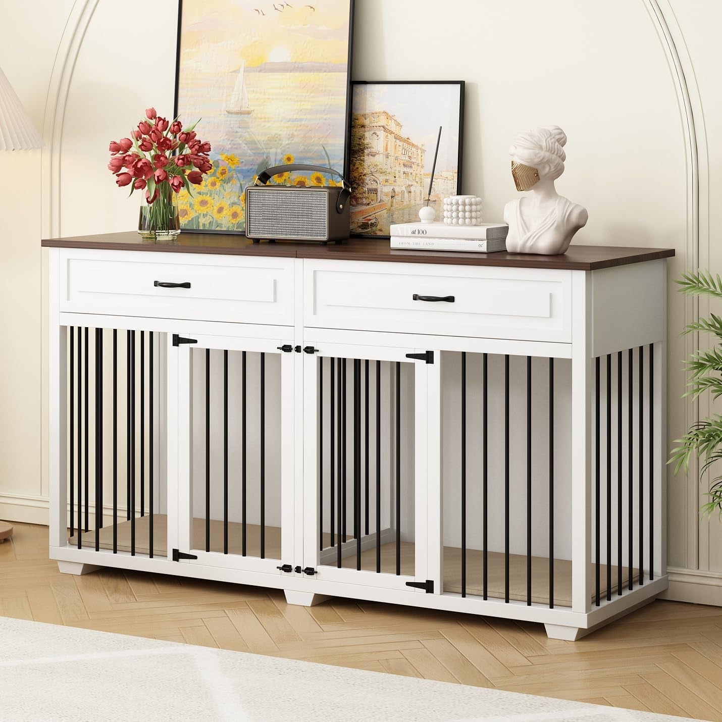 Large Dog Crate Furniture, 72 Inch Wooden Furniture Style Dog Kennel with Drawers & Divider, Heavy Duty Indoor Dog Cage House with Double Rooms for Large Medium Small Dogs, White