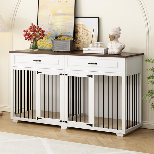 Large Dog Crate Furniture, 72 Inch Wooden Furniture Style Dog Kennel with Drawers & Divider, Heavy Duty Indoor Dog Cage House with Double Rooms for Large Medium Small Dogs, White