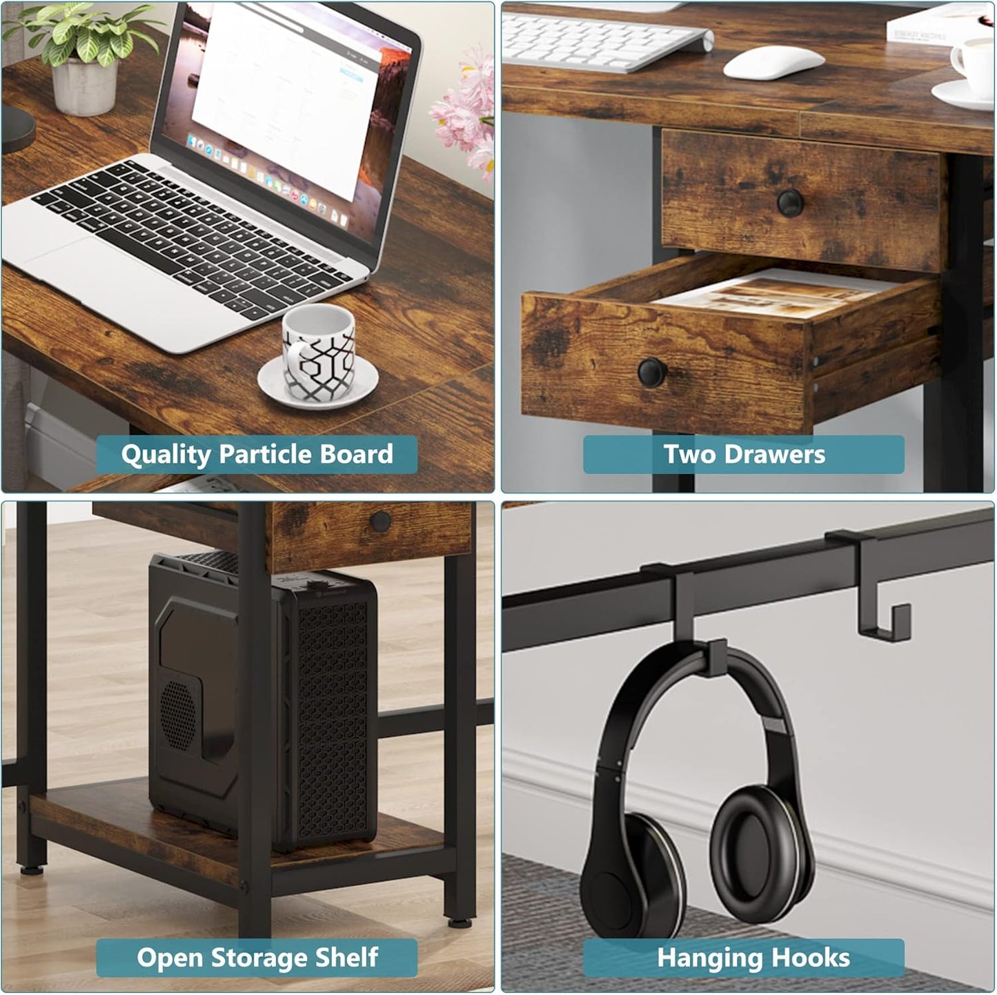 Two Person Desk, 79 Inch Double Desk with 2 Drawers, Large Computer Desk Long Desks with Storage Shelves, Writing Table Study Desk for Home Office, Rustic Brown (NY001)