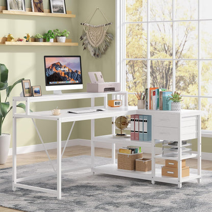 55-Inches Reversible L Shaped Desk with Drawer, Modern White L Corner Desk Home Office Table with Storage Shelves and Monitor Stand, Wooden and Metal PC Desk for Small Space