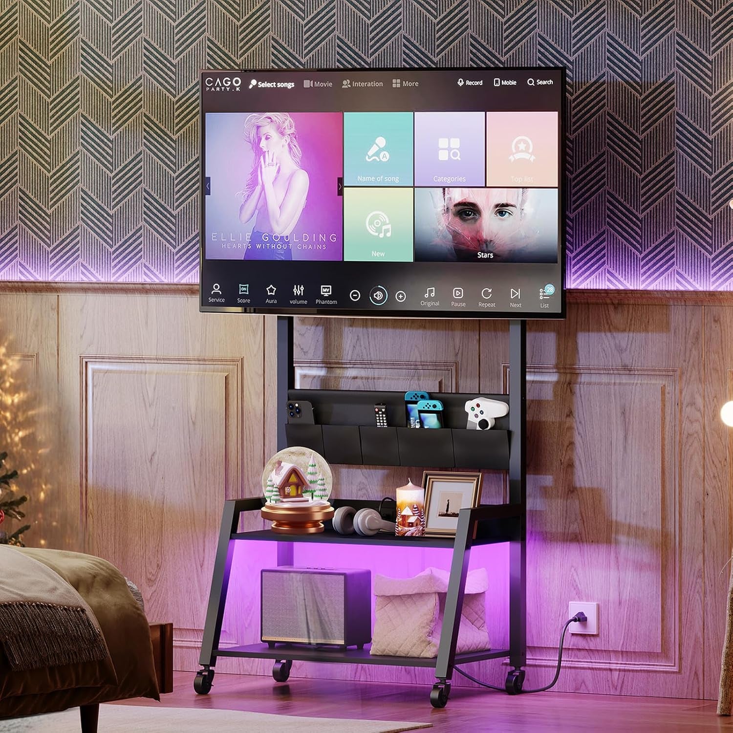 Rolling TV Stand with Power Outlet, Mobile TV Stand with LED Light up to 55" Tvs, TV Cart with Mount, 5 Oxford Fabric Pouches, for Living Room, Meeting Room, Black DS01UDBB