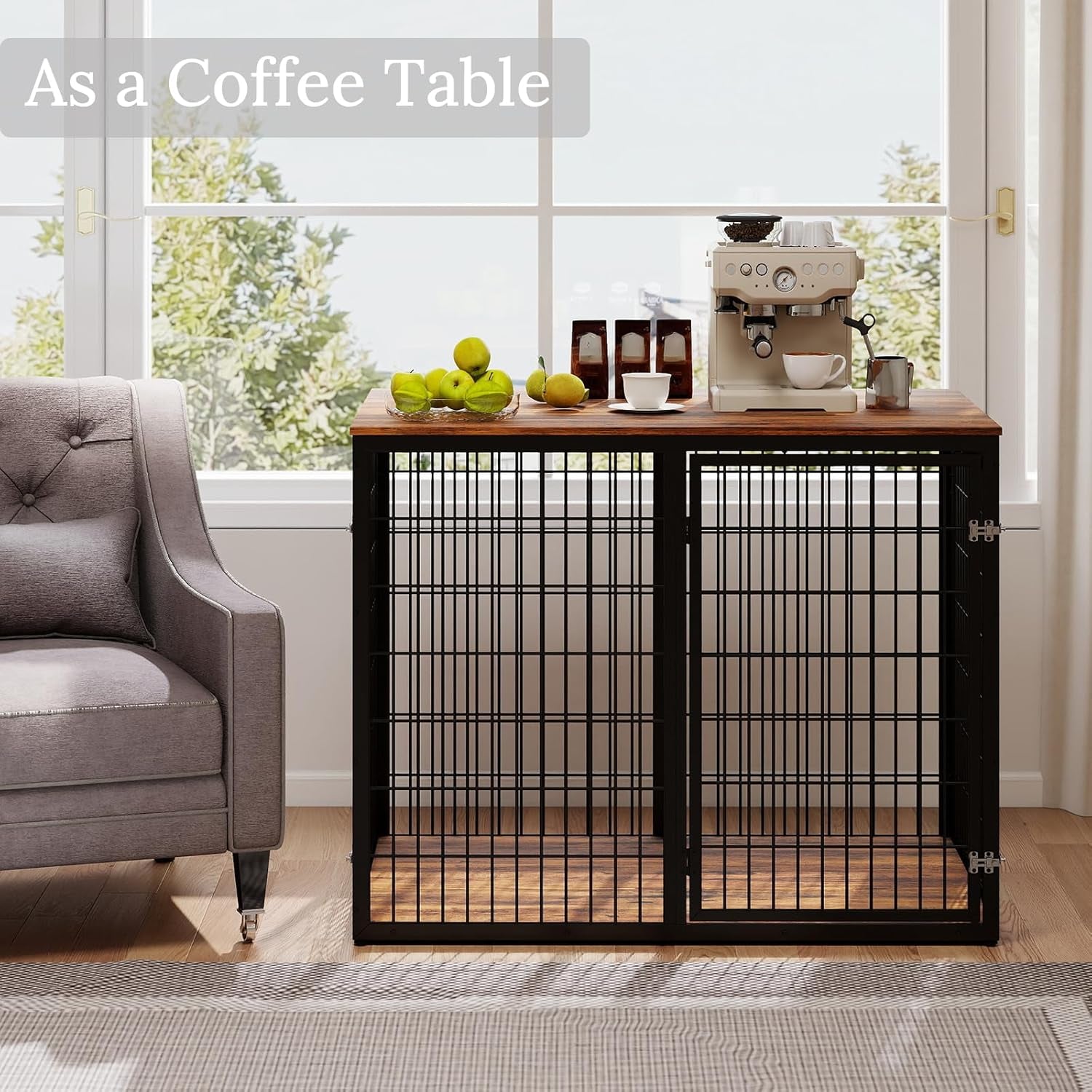 48" Dog Crate Furniture for Medium Large Dogs, Indestructible Large Dog Kennel Indoor with 3 Doors, Wooden Dog Cage Side End Table, Heavy Duty XL Dog Crate, Brown