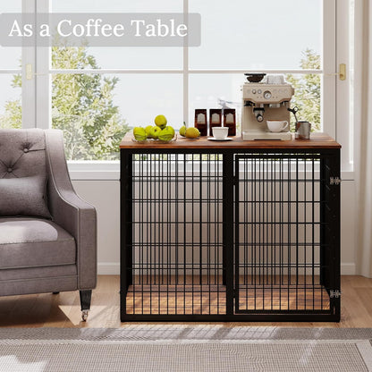 48" Dog Crate Furniture for Medium Large Dogs, Indestructible Large Dog Kennel Indoor with 3 Doors, Wooden Dog Cage Side End Table, Heavy Duty XL Dog Crate, Brown