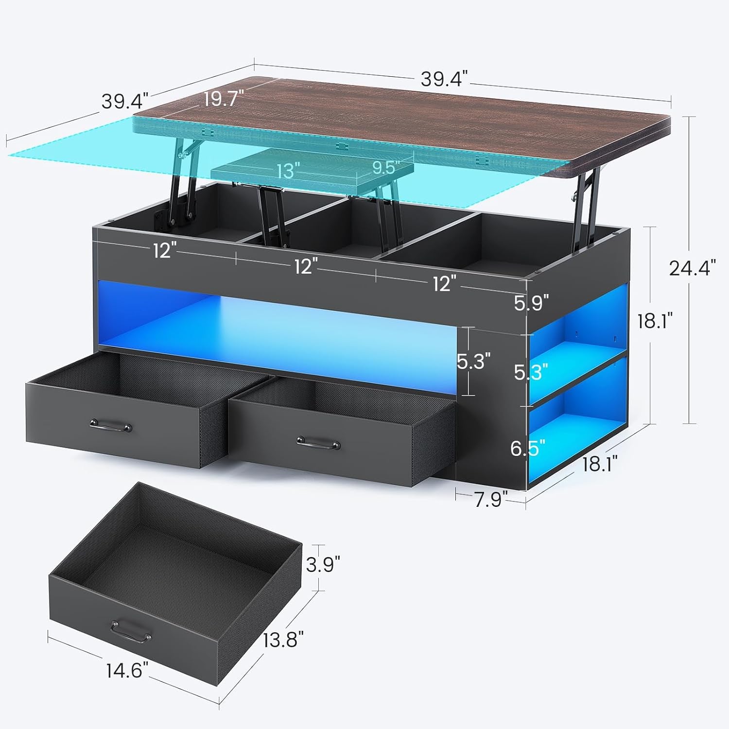Lift Top Coffee Table, 4 in 1 Coffee Tables with Storage and Hidden Compartment, Farmhouse Coffee Table with 2 Fabric Drawers & LED Light for Living Room, Black