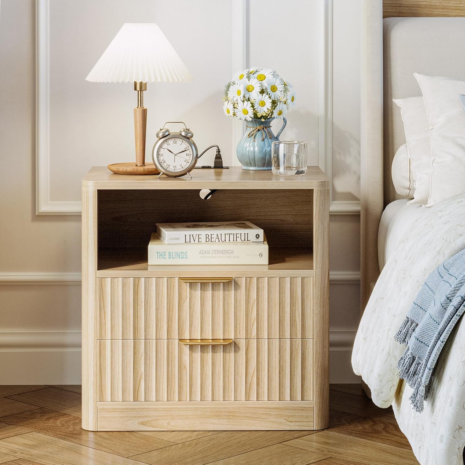 Fluted Night Stand Set of 2, Modern Nightstand with Charging Station, Drawers and Open Shelves - Bedside Table Wood Side Table Set for Bedroom, Oak