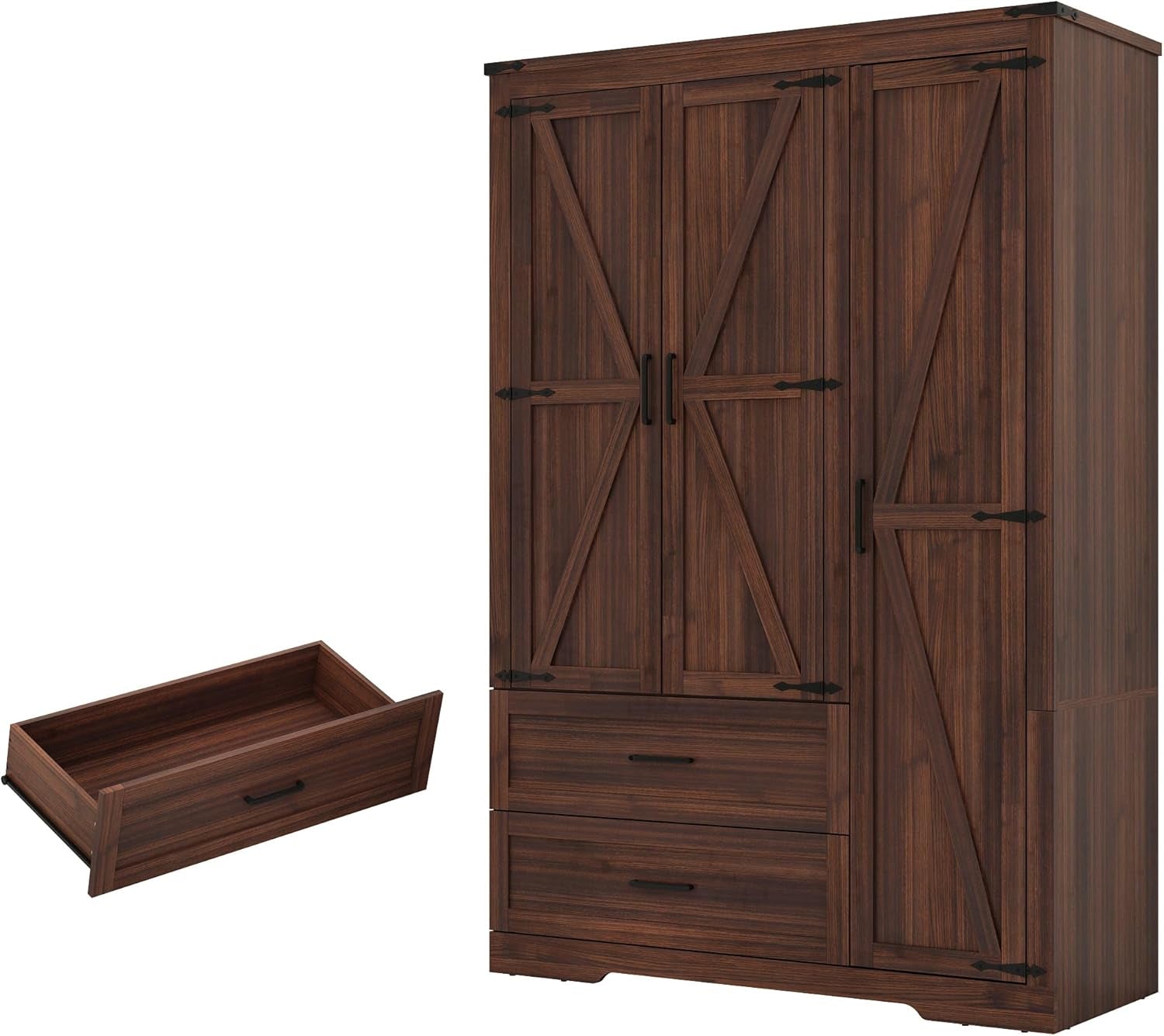 Farmhouse Wardrobe Armoire Closet with 3 Doors and 2 Drawers, 70.1" Wooden Clothing Storage Cabinet, Freestanding Large Capacity Storage Wardrobe Armoire with Hanging Rod for Bedroom, Brown