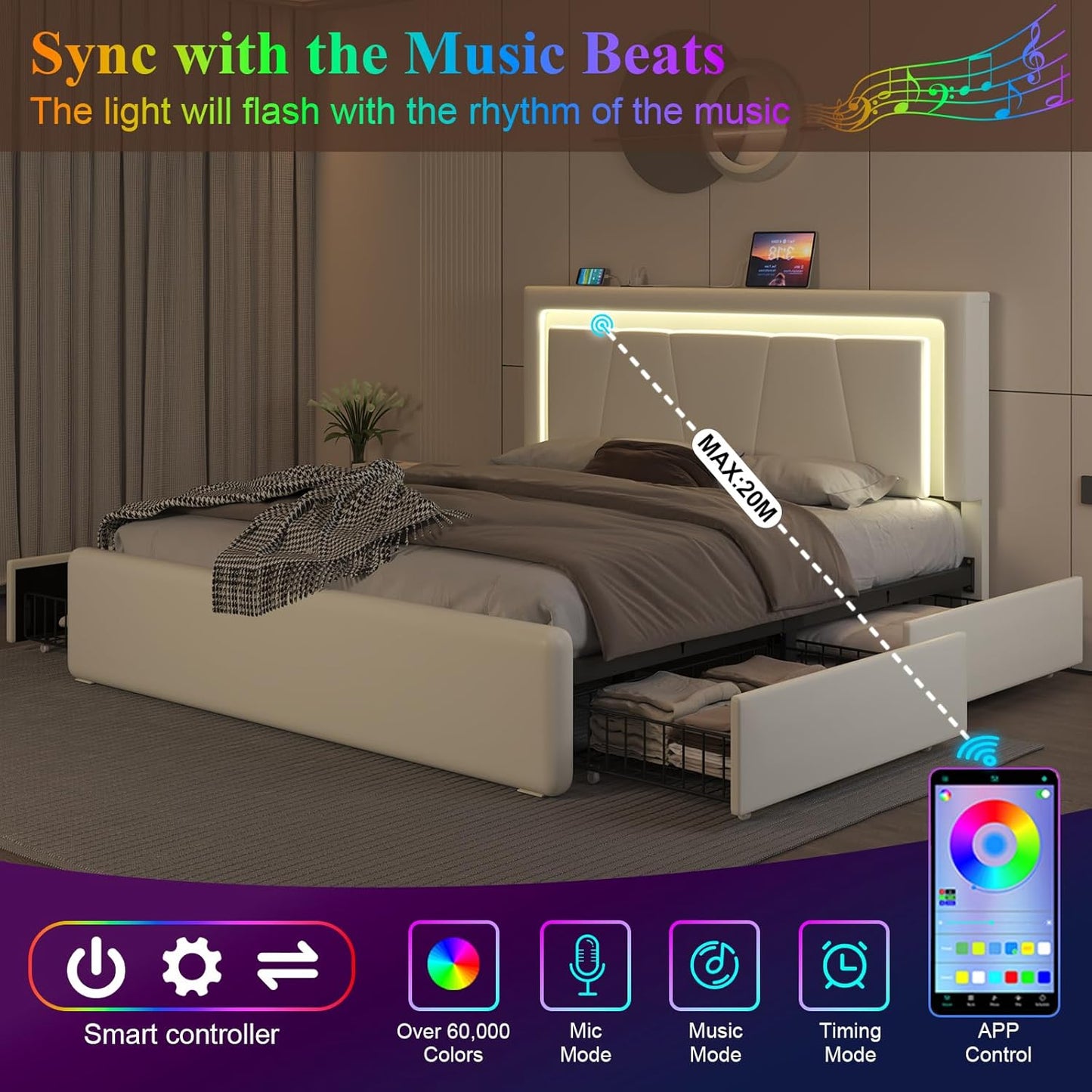 Full Size Bed Frame with 4 Storage Drawers and LED Lights, Upholstered Platform Bed with Adjustable Headboard and Charging Station, Metal Slats Support, No Box Spring Needed,Easy Assembly, White